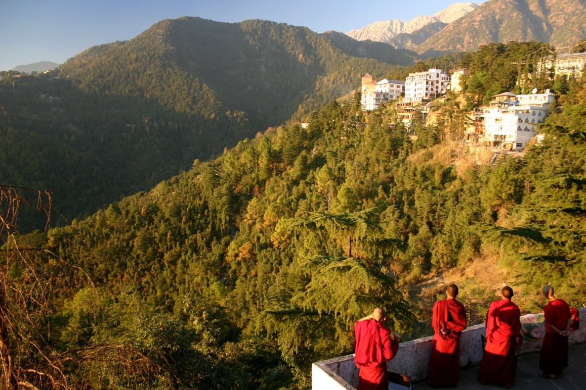 Výhled na McLeod Ganj z chrámu Tsuglagkhang, Indie
