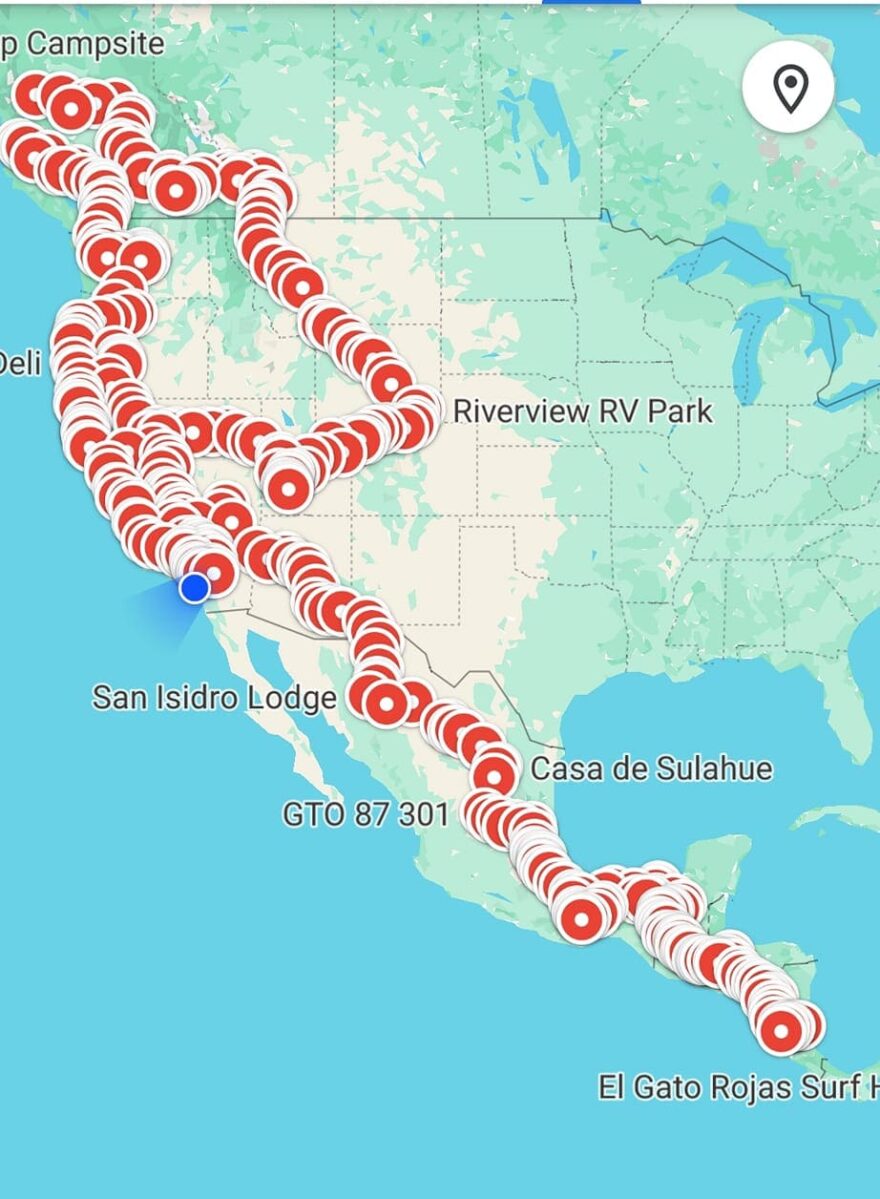 Trasa cesty z Kostariky do Kanady