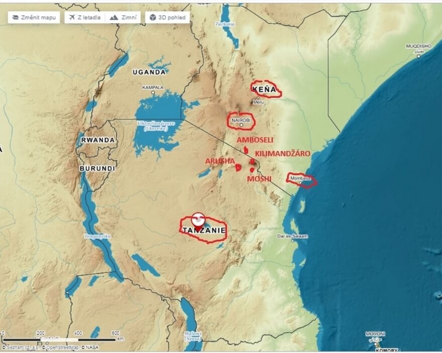 Tanzánie a Keňa mapa