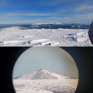 Pohled bez dalekohledu a s dalekohledem na Sněžku z vysokého kola - 13 km