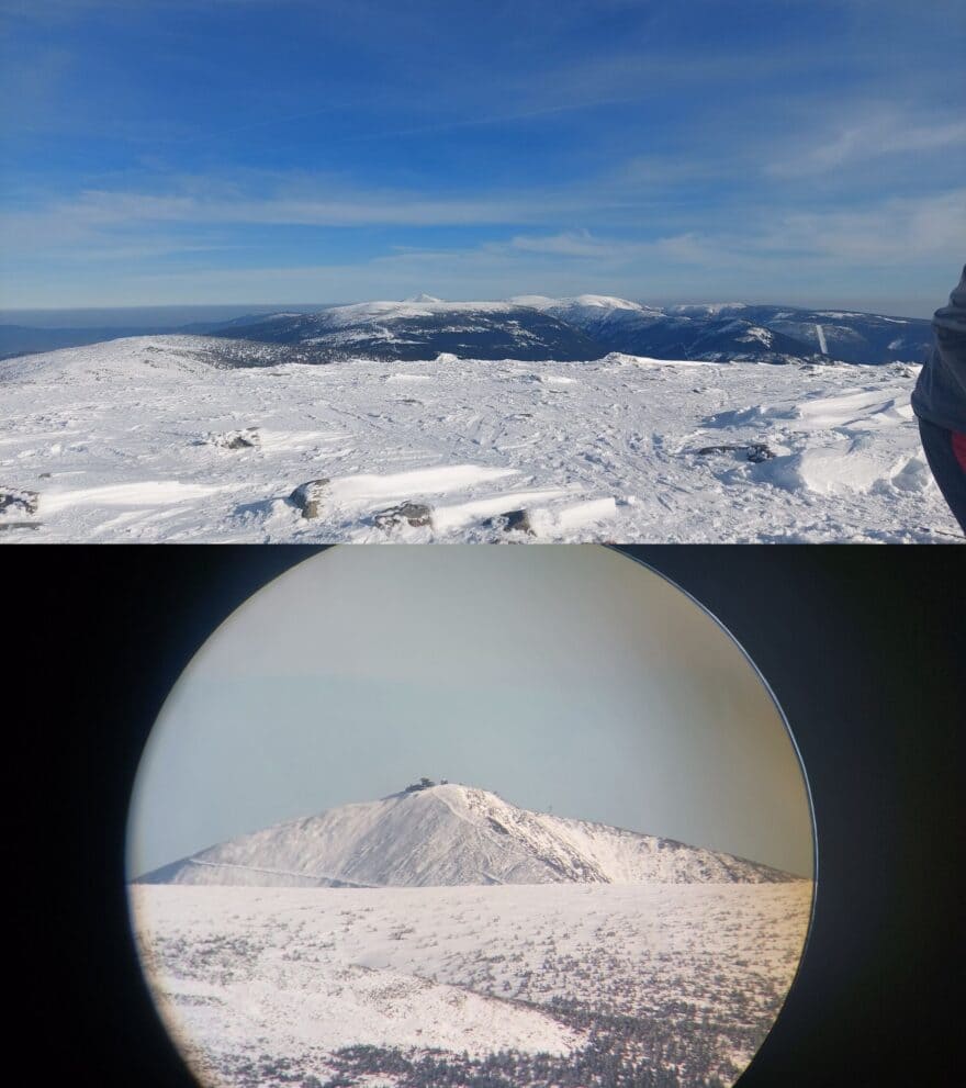 Pohled bez dalekohledu a s dalekohledem na Sněžku z vysokého kola - 13 km