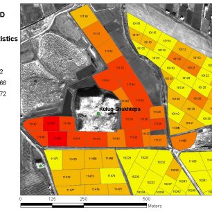 Počítačová vizualizace prozkoumané oblasti s vyznačenou stupnicí množství nalezných fragmentů keramiky, provincie Surchundarya, Uzbekistán