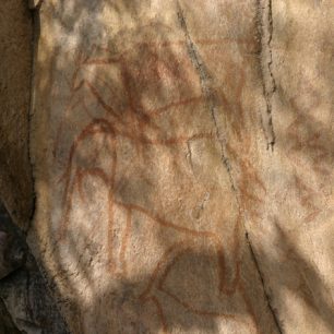 Upřostřed slon, nad ním antilopa losí (eland), pod ním pravděpodobně antilopa vraná.