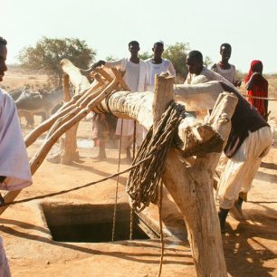 Súdán, každodenní čerpání vody z pouštních studní
