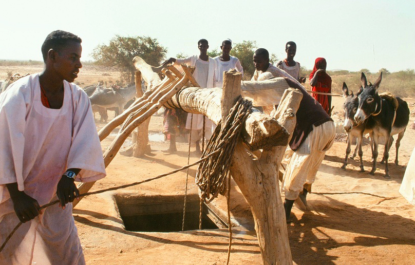 Súdán, každodenní čerpání vody z pouštních studní