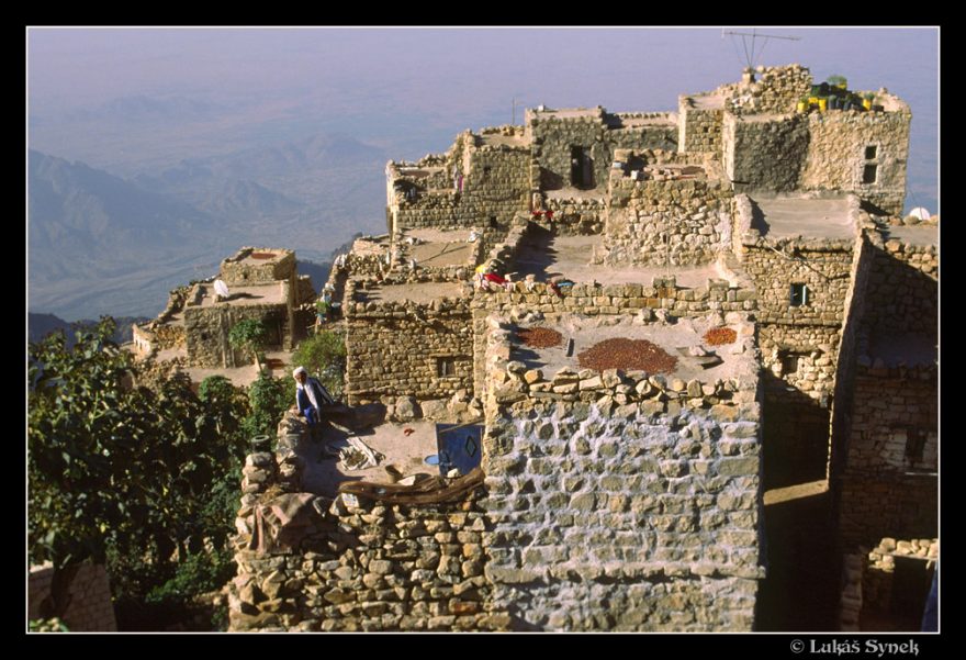 Před odvozem do výkupu se kávové boby suší na slunci na střechách domů, Jemen