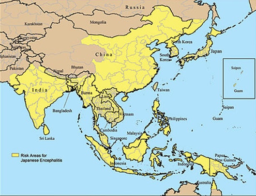 Endemické oblasti Japonské encefalitidy (CDC)