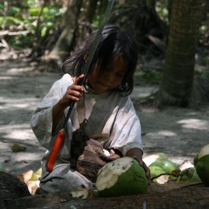 Místní děti se docela úspěšně živí prodejem kokosových ořechů turistů. Samy si je hledají v džungli a shazují dolů z palem. 