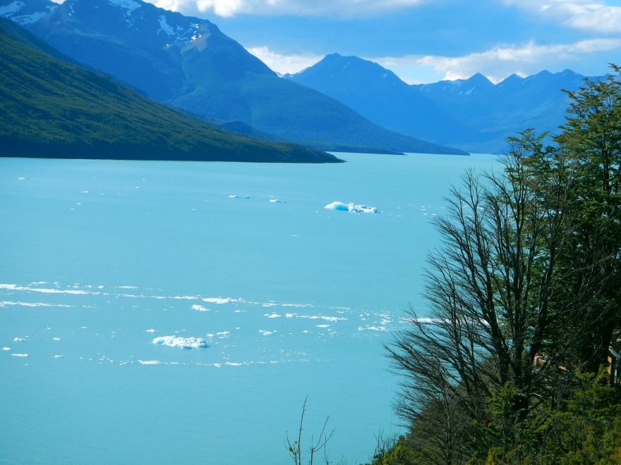 Odlomené kusy ledu dlouho pokračují po hladině Lago Argentino než zmizí v jeho tyrkysové vodě.