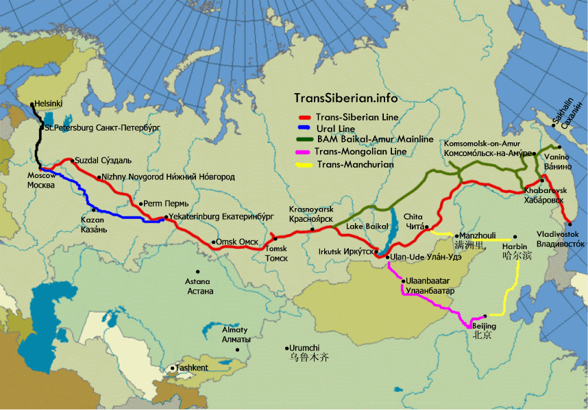 Mapa trati Transsibiřské magistrály, Rusko