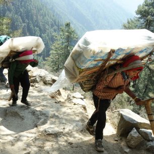 Místní nosiči dopravující materiál, Langtang, Nepál