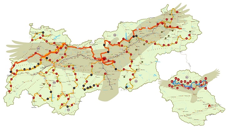 Mapa celé Orlí stezky, Tyrolsko, Rakousko