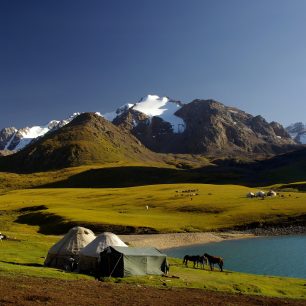 Typický obrázek z místních hor - zelené louky, koně a jurty