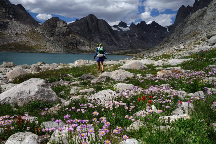 Titcomb Basin v pohoří Wind River Range ve Wyomingu začátkem srpna. Oblast leží víc na severu a ve velké nadmořské výšce, a tak sem jaro přichází celkem pozdě. V září tu zas napadne sníh.