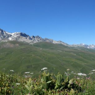 Svahy Svanetie s Ushbou v pozadí, Gruzie