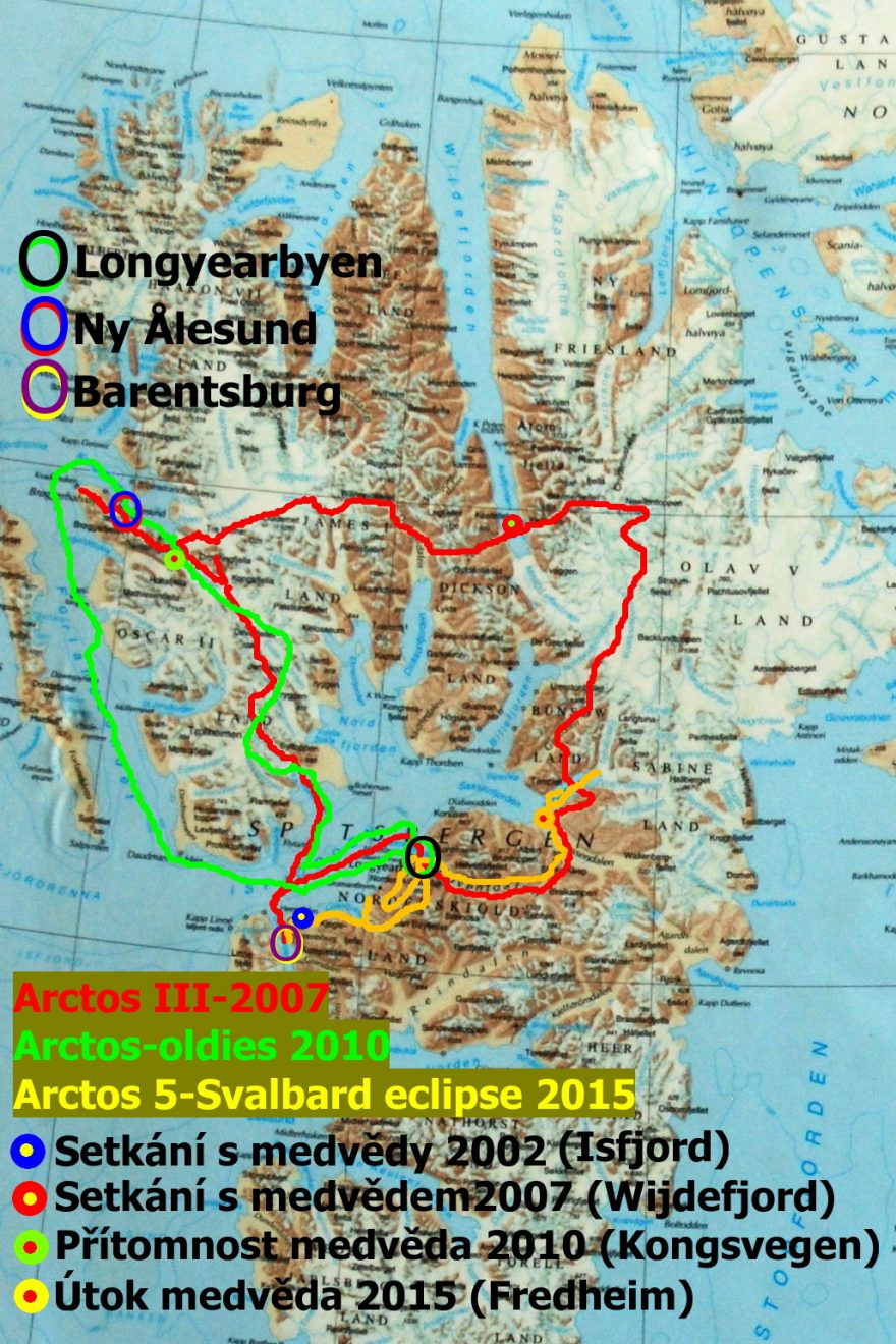 Mapa centrálního Svalbardu se zakreslením zimních cest v letech 2007, 2010 a 2015.