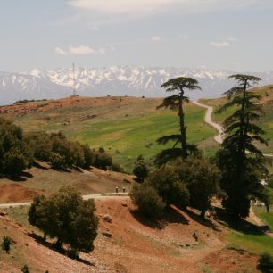 Krásný výhled ze Středního Atlasu na zasněžený Vysoký Atlas, Maroko
