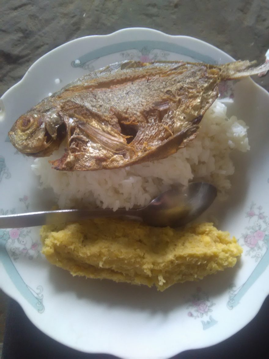 Oběd - ryba, zelený platan upravený po domorodém způsobu v podobě šišky zvané Anoila a ryba, Ekvádor