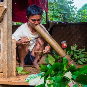 Pokuřování vodní dýmky při přípravě kávových rostlinek, Bolavenská plošina, Laos