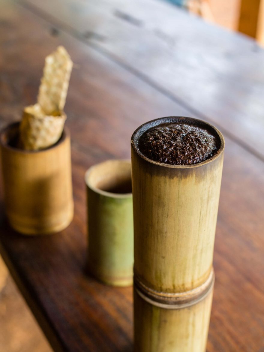 Káva a čaj přímo z plantáže servírované v bambusových kelímcích, Bolavenská plošina, Laos
