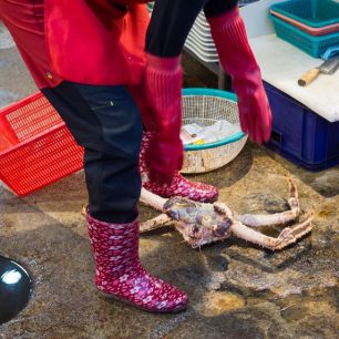 K základní výbavě každé prodavačky patří gumové rukavice a holínky, Busan, Jižní Korea / F: Dominik Franěk