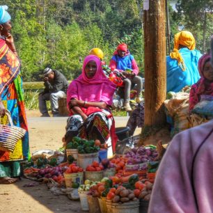 Městečko Lushoto je opravdu barevné, ženy na místním tržišti září pestrými šály a sukněmi