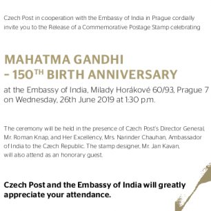 Pozvánka na slavnostní vyhlášení pamětní poštovní známky s Mahátmou Gándhím