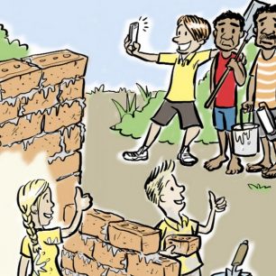 Karikatura Just visiting z dílny Caritas Australia