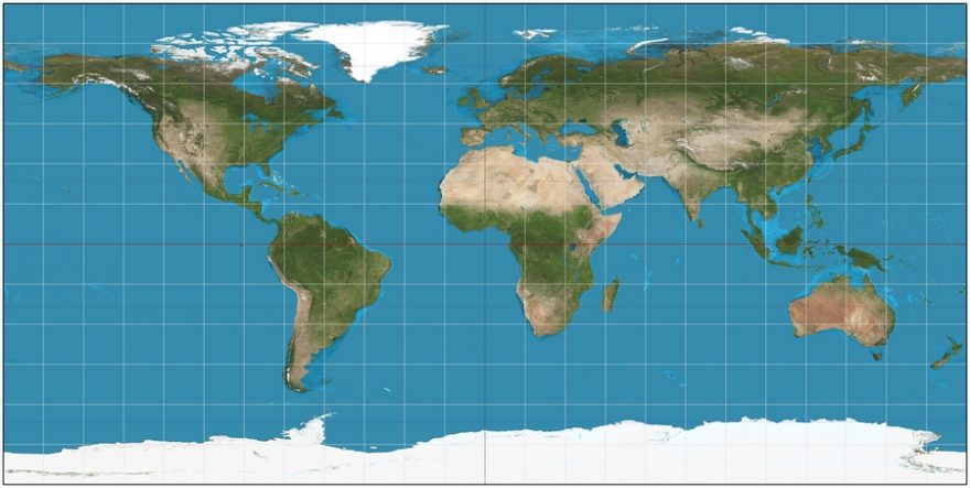 Mapa světa dle Gall-Petersova zobrazení. Zdroj: Wikipedia